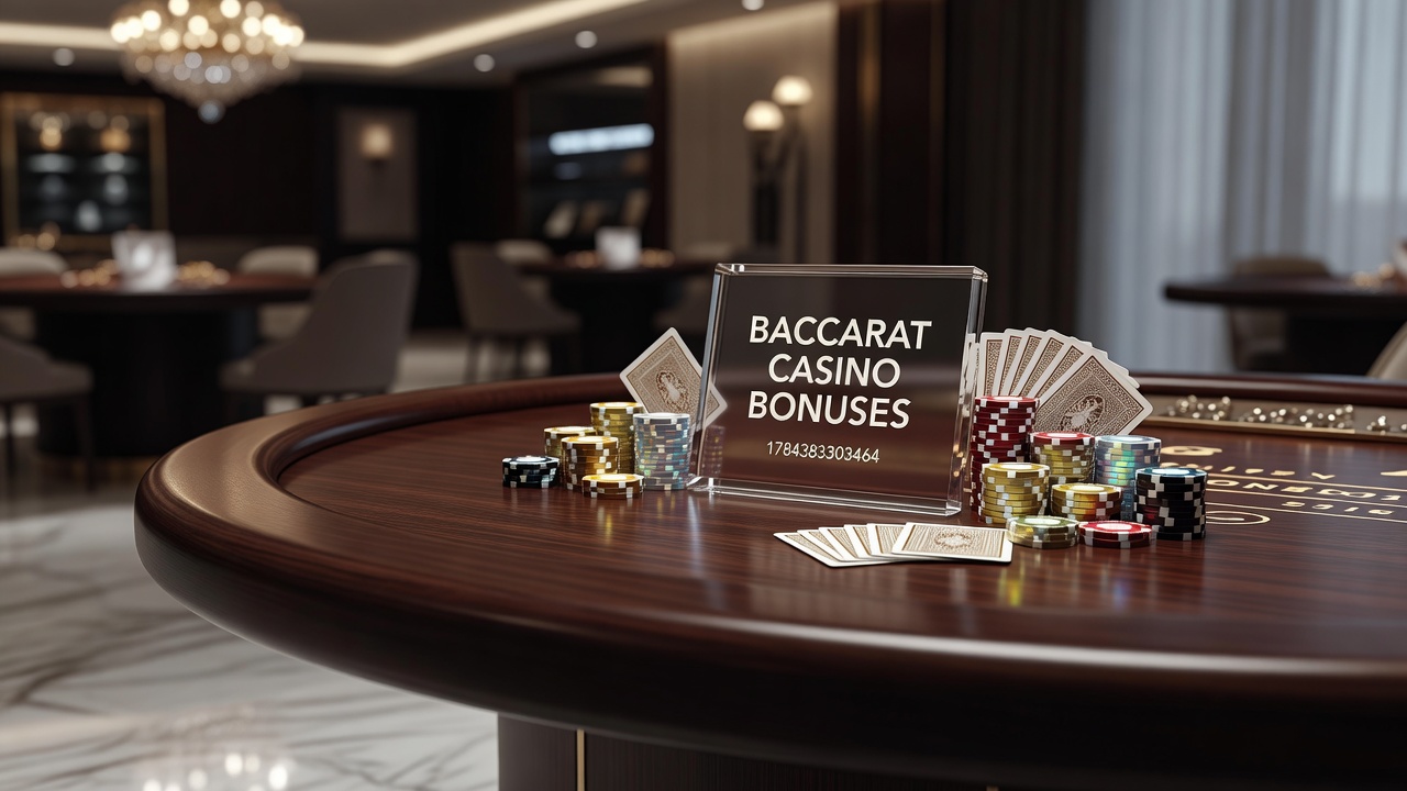 Baccarat table with promotional materials illustrating bonus mechanics
