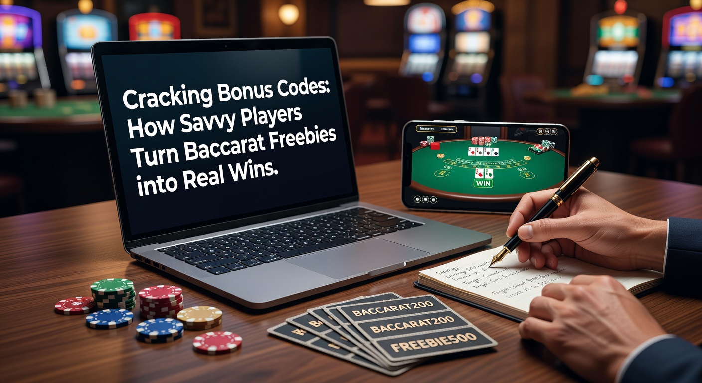 Digital screen showing a player inputting a baccarat bonus code amid casino lights and cards