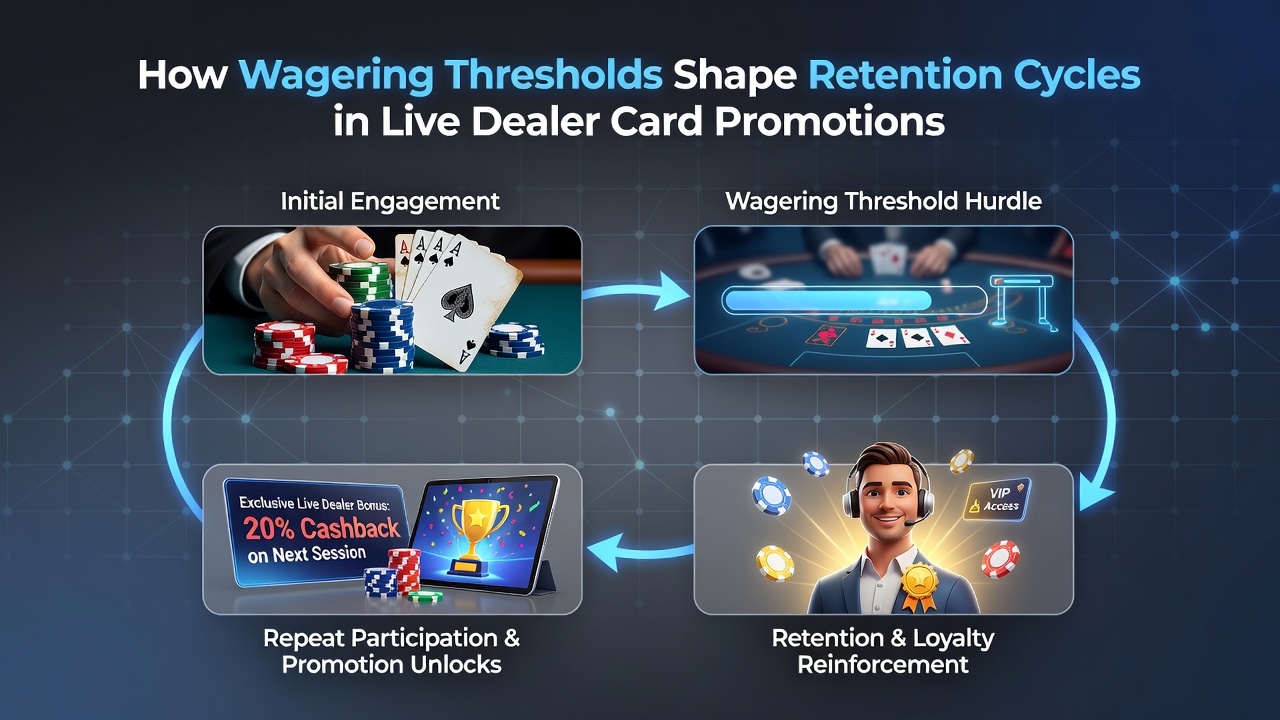 Visual breakdown of wagering thresholds affecting retention cycles in live dealer card promotions