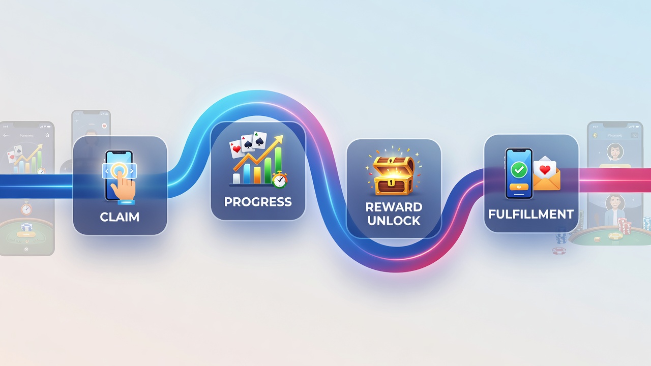 Progress dashboard showing reward stages from claim to cashout in a live dealer mobile card game application