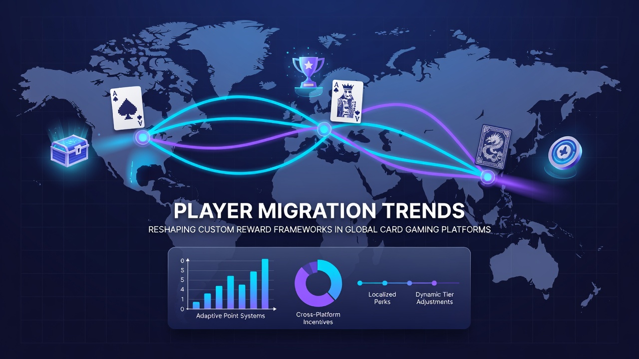 Analytics dashboard displaying player migration flows and customized reward adjustments in card gaming environments