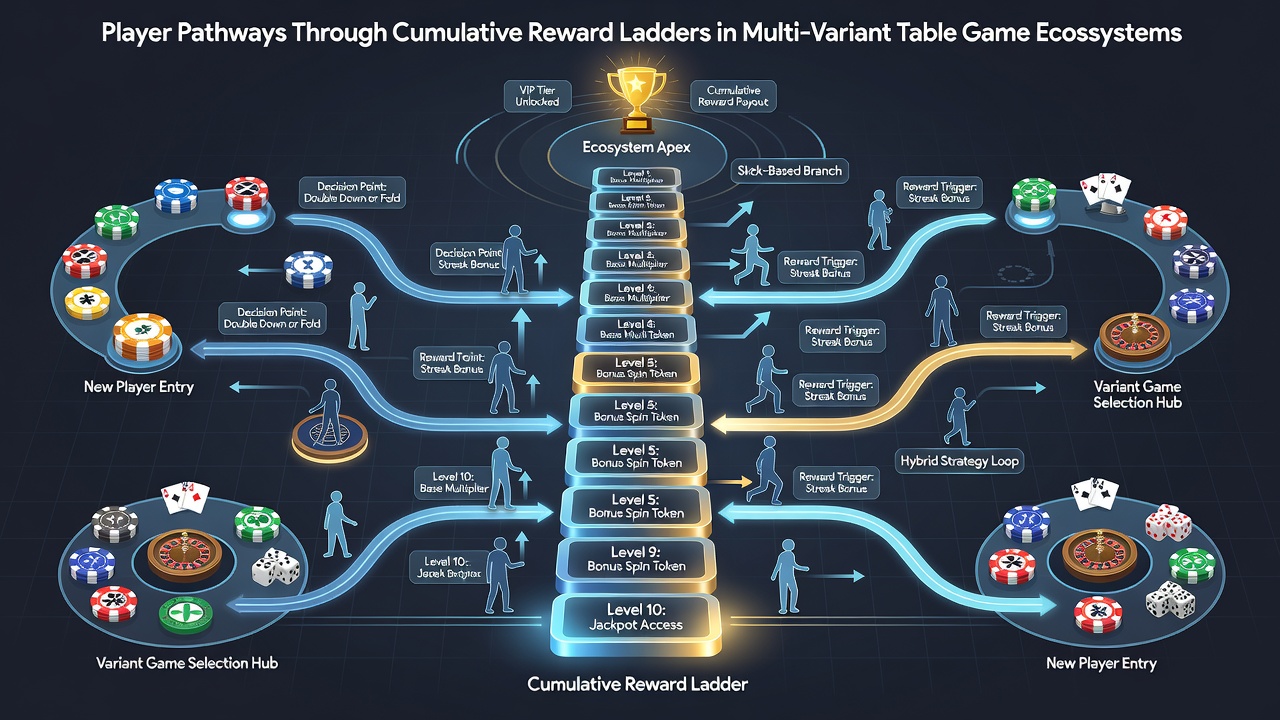 Diagram depicting cumulative reward progression paths linking different table game variants in casino ecosystems